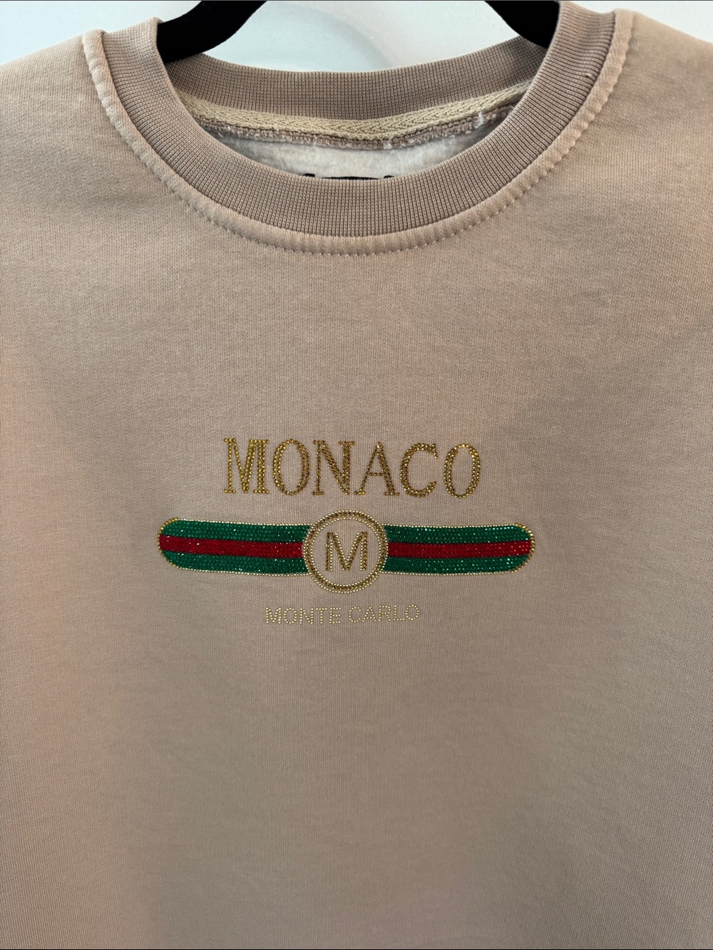 Beige Sweatshirt with Rhinestone Monaco Patch Size Small Made in France Bling F1 - Picture 3 of 7